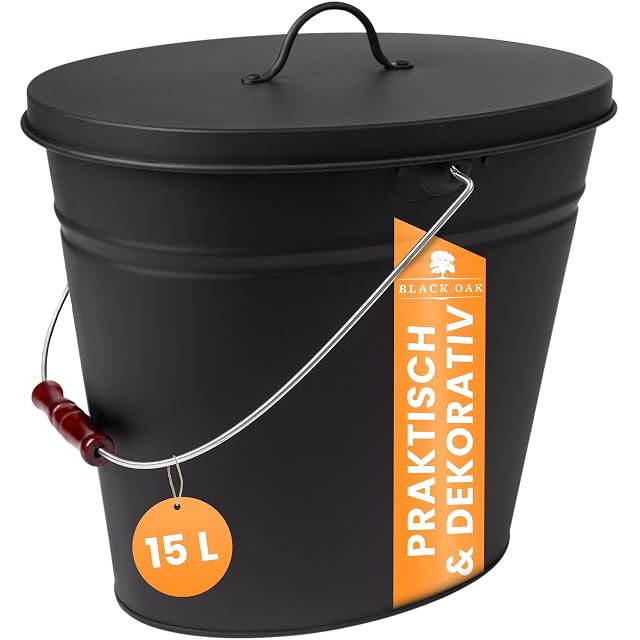 An oval matt black 20 litre ash bucket with a raised base, wooden grip and fitted lid
