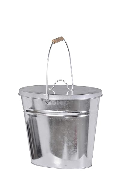An oval galvanised steel ash bucket with a lid and a wooden carrying handle