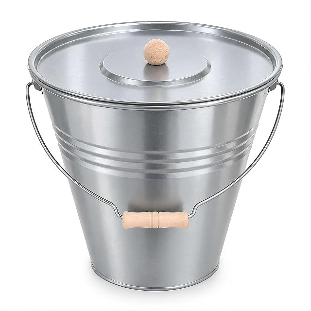 A silver galvanised steel ash bucket with a lid, 27 centimetres across and 28 centimetres tall