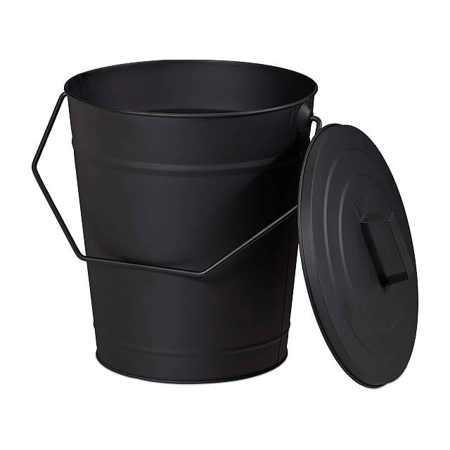 A black powder-coated steel ash bucket with a lid for cooling and carrying hot ash