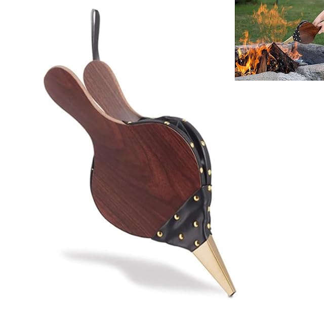 A small wooden fireplace bellows with a zinc cast nozzle and a hanging loop, 30.5 centimetres long