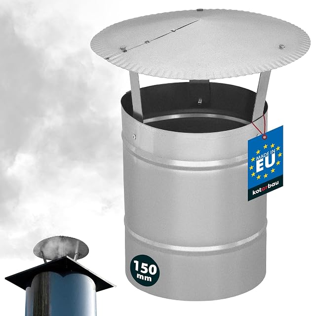 A silver galvanised steel chimney rain cap with a 150 millimetre pipe and a 230 millimetre hood