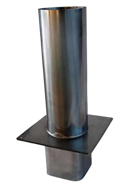 A one metre stainless steel chimney extension with a square insert and a flat base plate