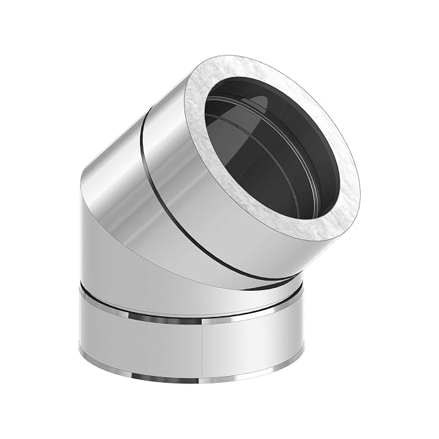 A 45 degree double-walled stainless chimney bend of 150 millimetres inside diameter