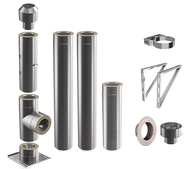 A complete 3.3 metre double-walled stainless chimney kit of 150 millimetres inside diameter