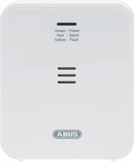 White round ABUS COWM370 carbon monoxide warning device with a single status LED and a test button
