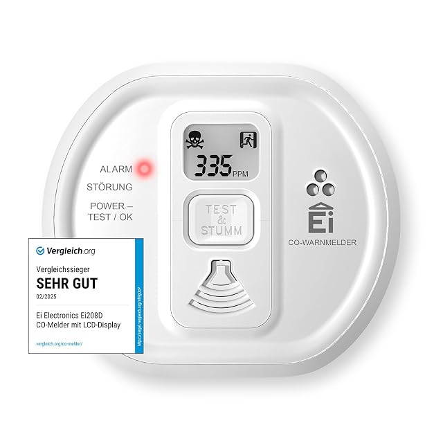 White round Ei Electronics Ei208D carbon monoxide alarm with an LCD display on its face