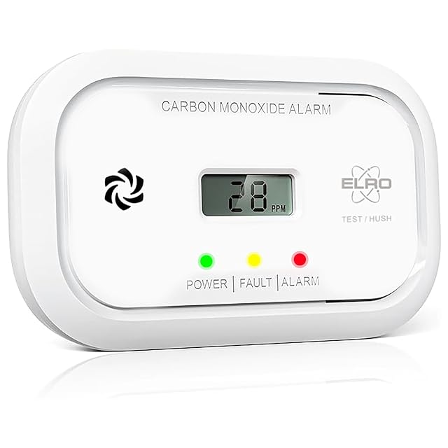 White ELRO FC5003 carbon monoxide alarm with a rectangular LCD display and a test button