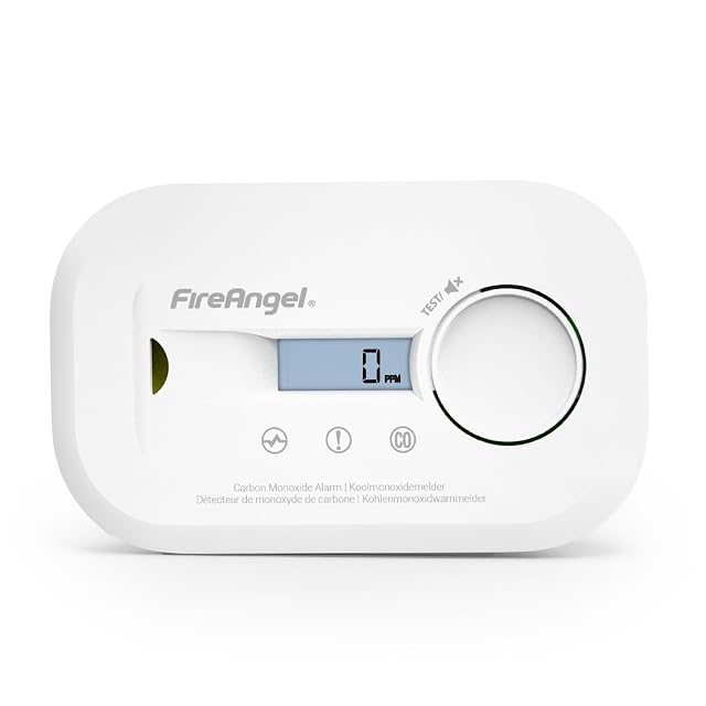 White FireAngel FA6812 portable carbon monoxide alarm with an LCD display and a mounting bracket