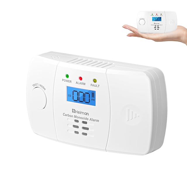 White Heiman carbon monoxide alarm with a rectangular LCD and a three-colour status light