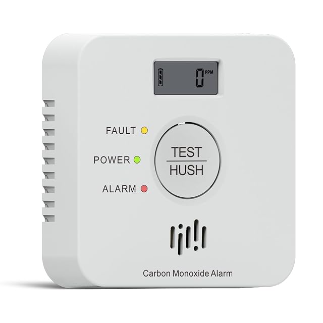 White Ruan carbon monoxide alarm with a square LCD screen showing a ppm reading