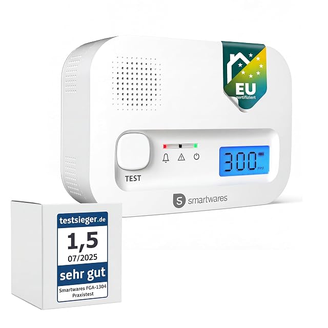 White Smartwares carbon monoxide detector with a digital display and a central test button