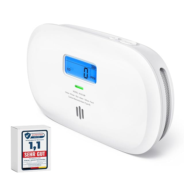 White X-Sense XC0C-SR carbon monoxide alarm standing upright on a shelf with a digital display