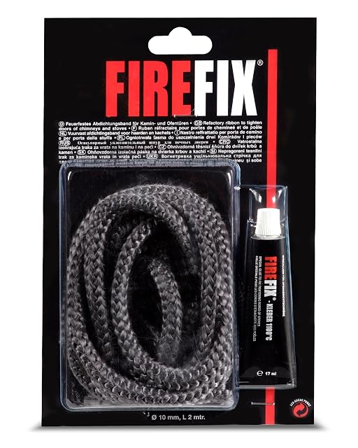 A two-metre grey round stove door cord of 10 millimetres with a tube of high-temperature adhesive