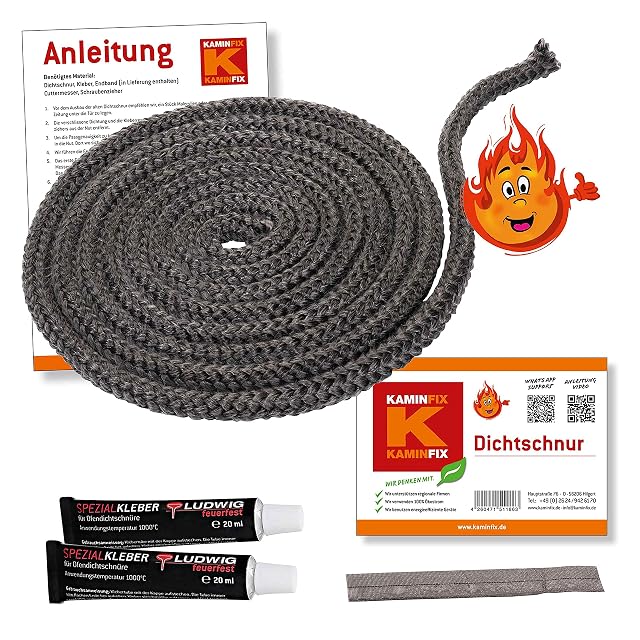 A stove door repair set with a 2.5 metre glass fabric cord, two 20 ml tubes of adhesive and an end tape