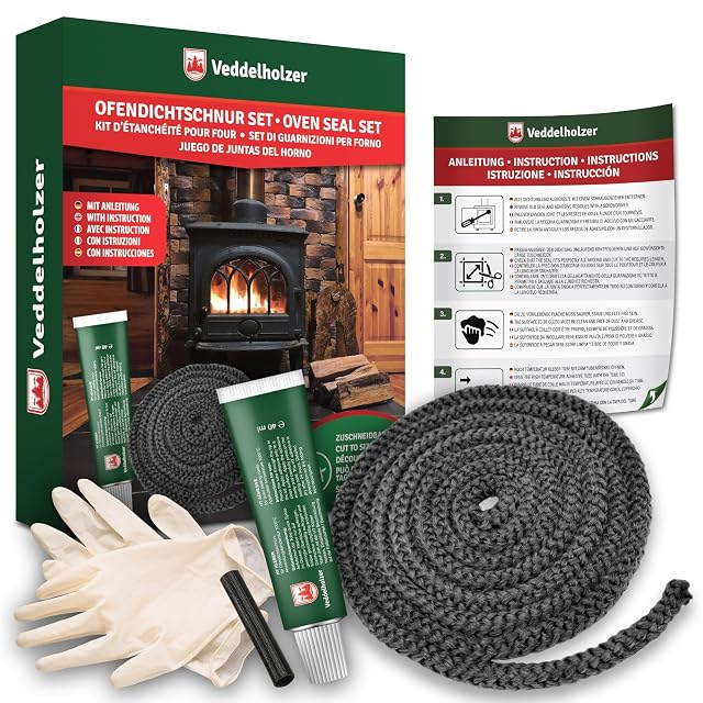 A complete stove door cord set: a 2.5 metre round cord, high-temperature glue, gloves, end sleeve and instructions