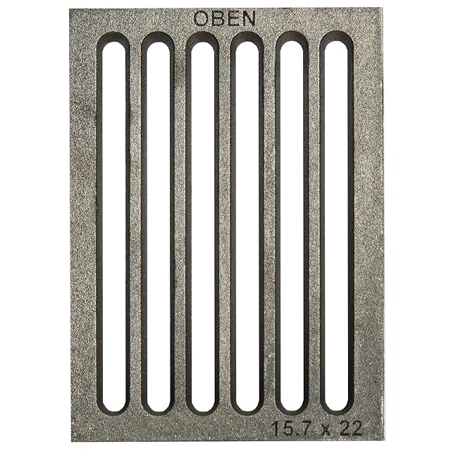 A rectangular cast iron fire grate 16 by 22 centimetres with downward-tapering ribs