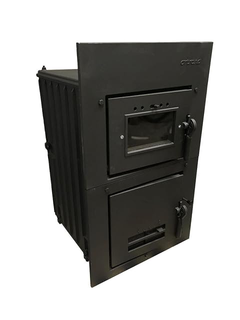 Cast iron Sendeo Ortrand tiled stove insert with a loading door, a viewing port and transport rollers