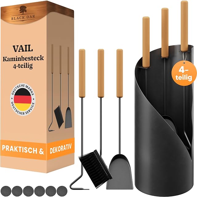 A black four-piece fireplace set with long wooden handles in a closed round stand