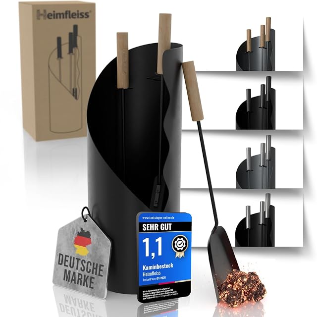 A black fireplace tool set with wooden handles standing on a self-adhesive silicone base