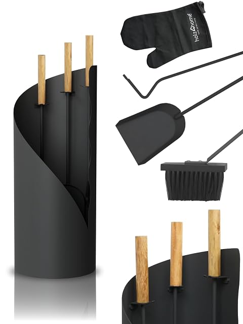 A grey-black five-piece fireplace tool set with wooden handles and an included stove glove