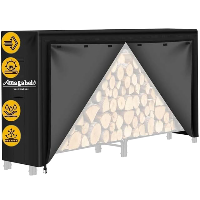 A black 600D Oxford log rack cover with downward-facing air vents and snap buckle straps