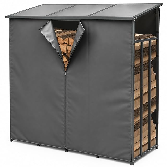 A front and back cover set in PVC-coated polyester for a 185 by 70 by 185 centimetre log store
