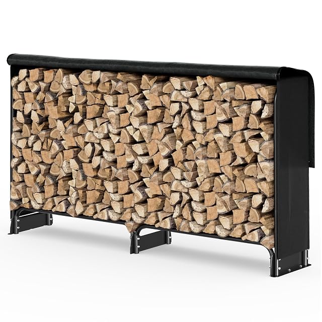 A black powder-coated outdoor log rack two metres long with a waterproof protective cover