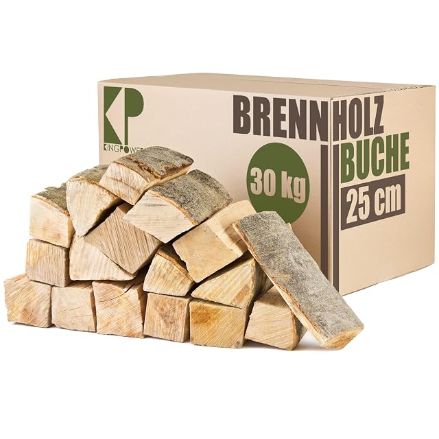 A 30 kg carton of chamber-dried beech firewood in uniform 25 cm splits