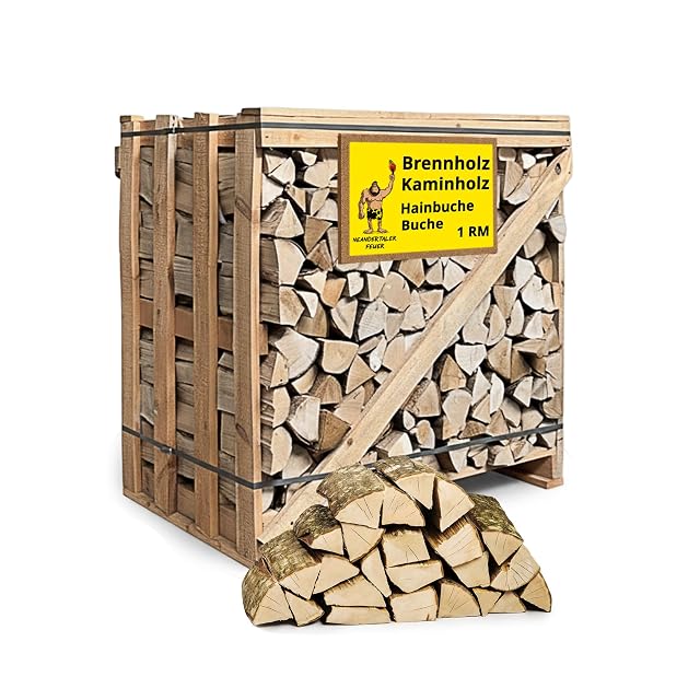 One Raummeter of 25 cm hornbeam and beech firewood stacked on a delivery pallet