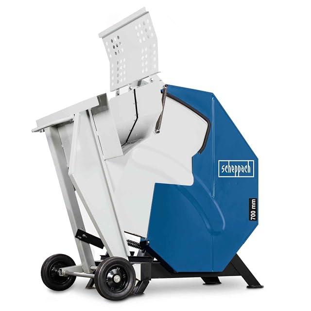 A rocker circular saw with a 700 millimetre blade, safety guard flap and integrated transport wheels