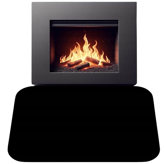 A black powder-coated steel floor plate for a stove, eighty by sixty centimetres