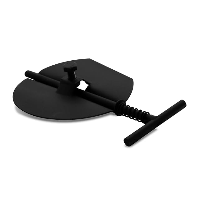 A black butterfly damper plate with its spindle and handle for a 150 millimetre stove pipe