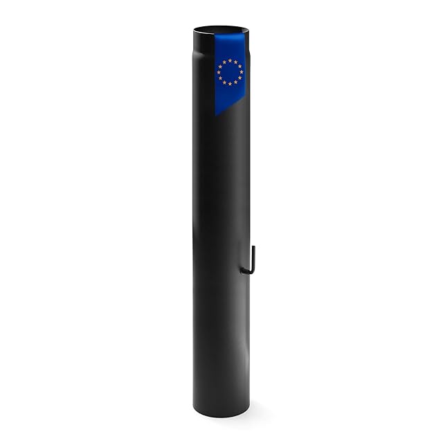 A matt black one metre stove pipe of 150 millimetres with an integrated draught control