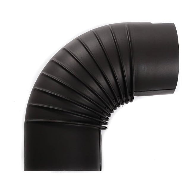 A black fire-aluminised steel 90 degree stove pipe elbow of 120 millimetres