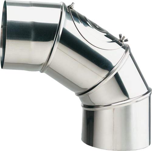 An adjustable stainless steel flue elbow of 130 millimetres with a cleaning opening