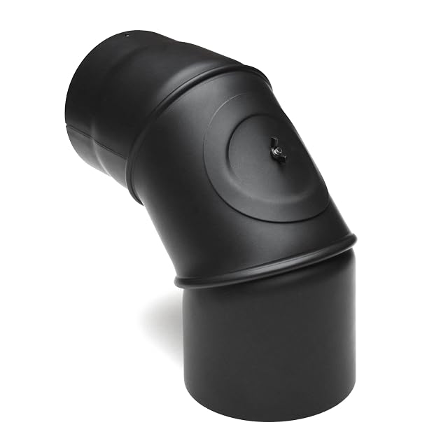 A black three-part rotatable stove pipe elbow of 120 millimetres with an integrated cleaning door