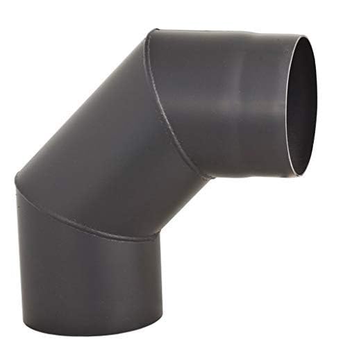 A black rigid 90 degree stove pipe elbow of 160 millimetres in two millimetre steel