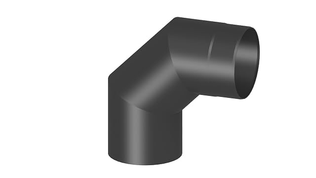 A black 90 degree rigid stove pipe elbow of 150 millimetres in two millimetre steel