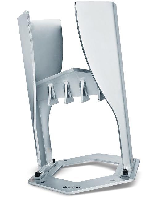 Silver cold-galvanised Forstix standing log splitter with two open side walls and a base plate