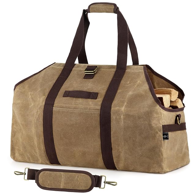 A khaki waxed canvas log carrier that stands upright on its own, with two reinforced handles