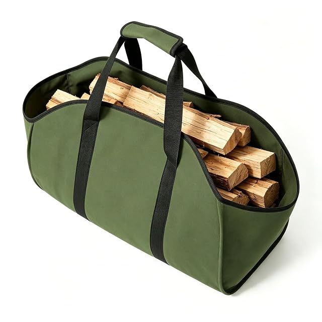 A large foldable firewood carrying bag in dark Oxford fabric with wide padded handles