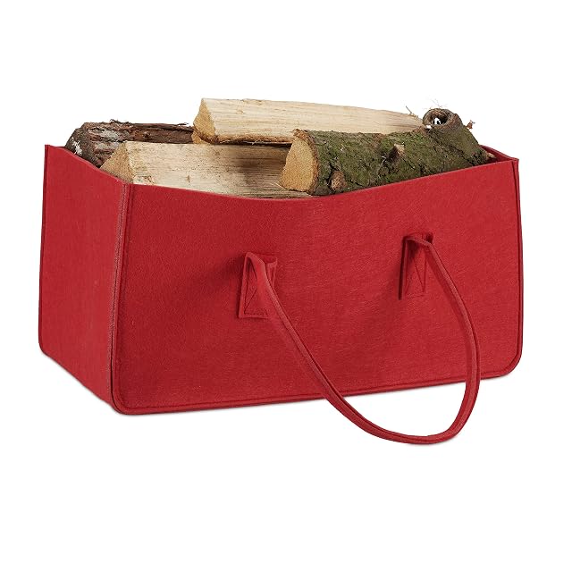 A red felt log carrying bag measuring 25 by 25 by 50 centimetres with a sturdy handle
