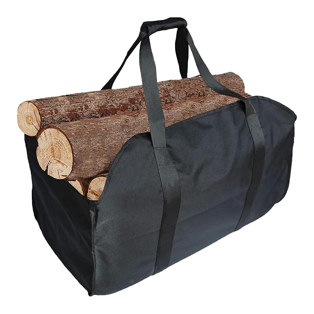 A black waterproof Oxford firewood carrying bag with a fully closed body