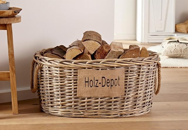 A grey limed willow storage basket lined with jute, sixty centimetres long and twenty-eight high
