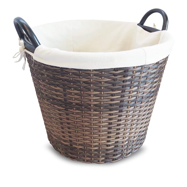 A brown woven polyethylene log basket on a powder-coated metal frame with a fabric liner