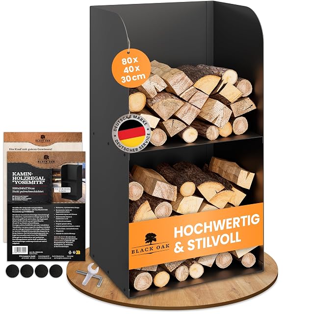 A black steel log rack with closed sides and back, two storage levels, eighty centimetres tall