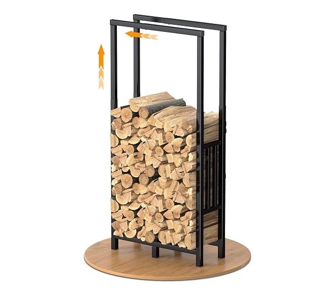 An adjustable metal log rack with rubber feet and a raised base for firewood storage