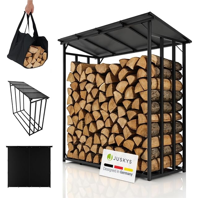 An outdoor aluminium log rack with a water-repellent tarpaulin roof holding 2.4 cubic metres of firewood