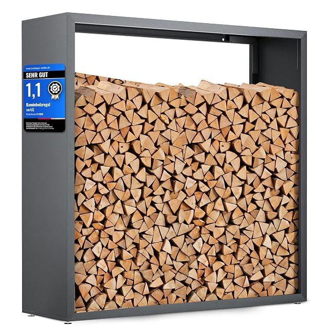 A modern hot-dip galvanised and powder-coated metal log rack measuring 170 by 165 centimetres